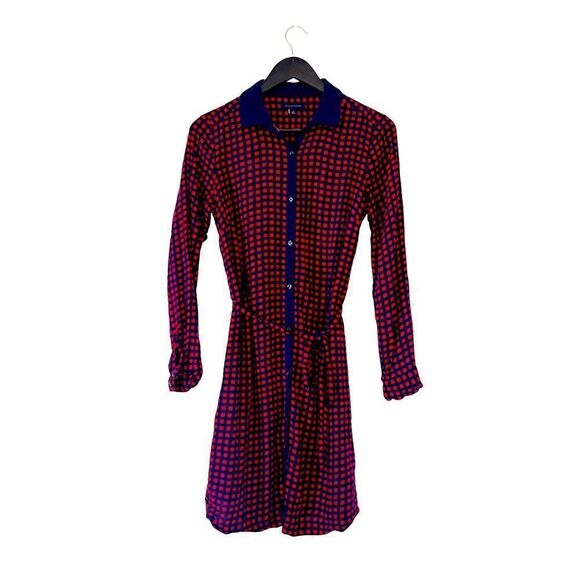 Tommy Hilfiger Red Navy Windowpane Pattern Button Down Cinch Waist Shirt Dress - Picture 1 of 7